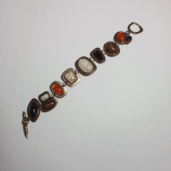 Vintage Multi-Stone Statement Bracelet | Bronze Tone Boho Chunky Link Design - Picture 5 of 7